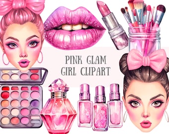 Watercolour Pink Glam Girl Clipart Makeup Fashion Girls PNG Digital Image Downloads for Card Making Scrapbook Junk Journal Paper Crafts