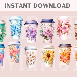 May include: Set of 10 watercolor floral coffee cup designs. The cups feature various floral patterns, including roses, sunflowers, and leaves. The designs are perfect for adding a touch of nature to your coffee break.