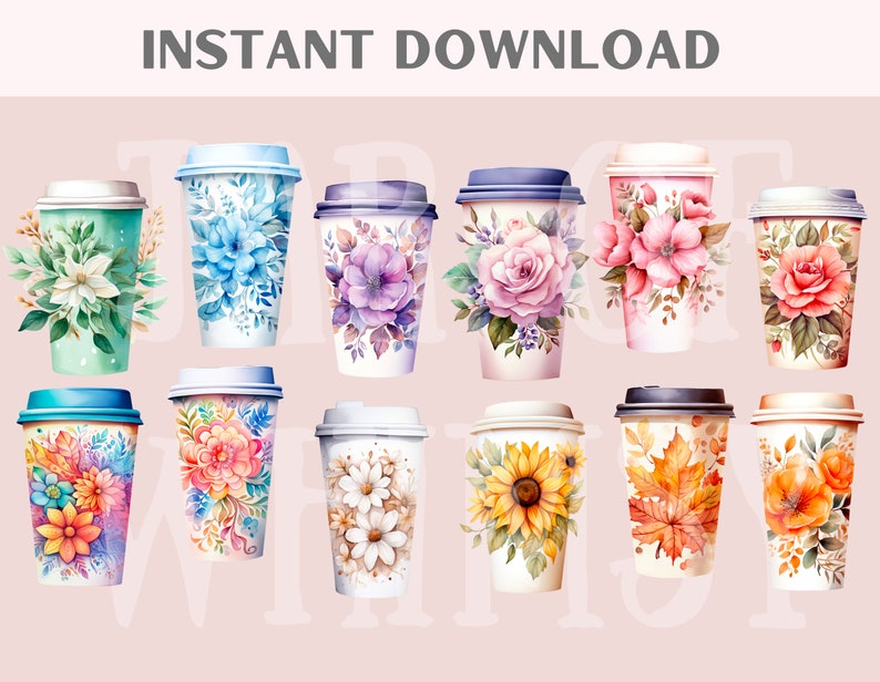 May include: Set of 10 watercolor floral coffee cup designs. The cups feature various floral patterns, including roses, sunflowers, and leaves. The designs are perfect for adding a touch of nature to your coffee break.