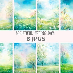 Acuarela hermoso día de primavera Clipart Pastel Paisaje JPG Descargas de imágenes digitales para hacer tarjetas Scrapbook Junk Journal Paper Crafts