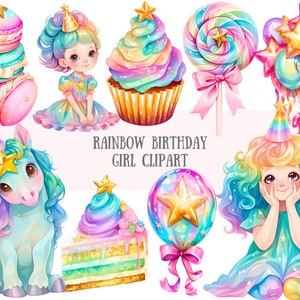 Watercolour Rainbow Birthday Girl Clipart Cute Chibi Girl PNG Digital Image Downloads for Card Making Scrapbook Junk Journal Paper Crafts