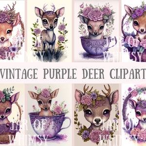 Aquarelle vintage Purple Deer Clipart - Kitsch Deer PNG Digital Image Téléchargements pour la fabrication de cartes, album, journal indésirable, artisanat en papier