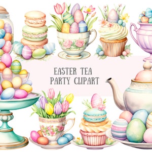 Aquarel Easter Tea Party clipart paaseieren en theekopjes PNG digitale afbeeldingsdownloads voor kaarten maken plakboek ongewenste dagboek papier ambachten
