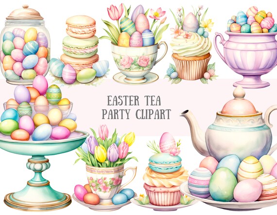 Watercolour Easter Tea Party Clipart Easter Eggs and Teacups PNG Digital Image Downloads for Card Making Scrapbook Junk Journal Paper Crafts