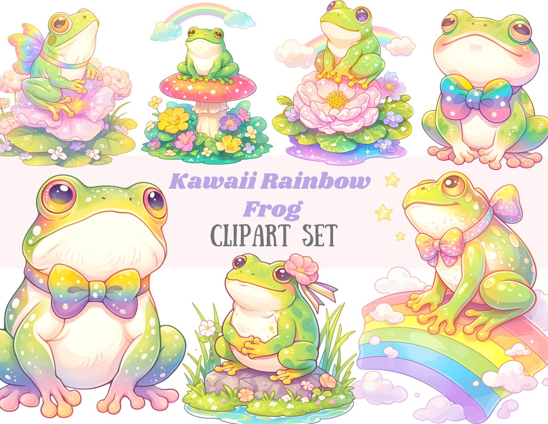 Watercolour Frog Clipart Kawaii Rainbow Frog Lily Pad PNG Digital Image ...