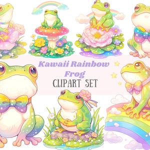 Aquarela sapo clipart kawaii arco-íris sapo lírio almofada PNG download de imagem digital para fazer cartão scrapbook lixo diário artesanato de papel