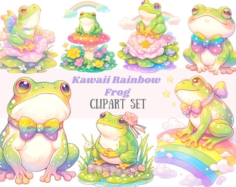 May include: A set of Kawaii Rainbow Frog clipart featuring a variety of poses and expressions. The frogs are green with rainbow accents and wear bow ties. Some frogs are sitting on flowers, mushrooms, or rainbows.