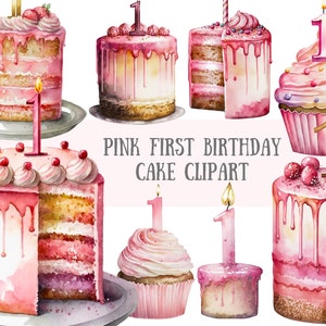 Watercolour Pink First Birthday Cake Clipart Cupcake PNG Digital Image Downloads for Card Making Scrapbook Junk Journal Paper Crafts