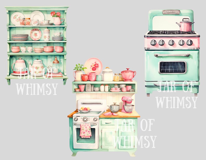 Pu&ograve; includere: Un set di tre armadietti da cucina in stile vintage in uno schema di colori verde chiaro e rosa. Gli armadietti sono decorati con motivi floreali e presentano una variet&agrave; di utensili da cucina, tra cui teiere, tazze e ciotole. Il testo "JAR OF WHIMSY" &egrave; stampato su ogni armadietto.