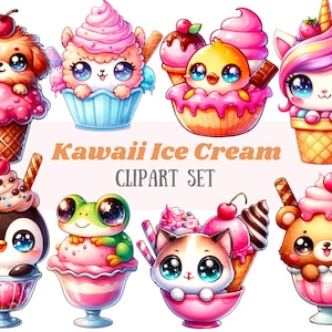 Acquerello Kawaii Gelato Animale Clipart Chibi Sundae PNG Download di immagini digitali per la realizzazione di cartoline Scrapbook Junk Journal Paper Craft