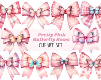 Watercolour Pink Butterfly Bow Clipart Cute Coquette Bow PNG Digital Image Downloads for Card Making Scrapbook Junk Journal Paper Crafts