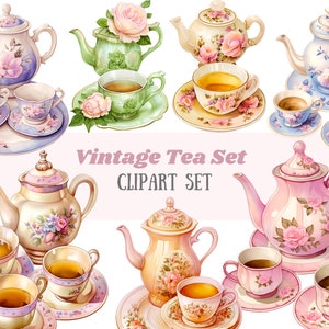 Set da tè ad acquerello Clipart Tazza da tè vintage Teiera Tea Party PNG Download di immagini digitali per la realizzazione di cartoline Scrapbook Junk Journal Paper Crafts