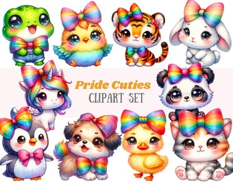 May include: A set of 10 digital clipart images featuring cute cartoon animals wearing rainbow-colored bows. The animals include a frog, a chick, a tiger, a bunny, a unicorn, a penguin, a dog, a duck, a panda, and a cat. The clipart is perfect for creating pride-themed crafts, projects, and designs.