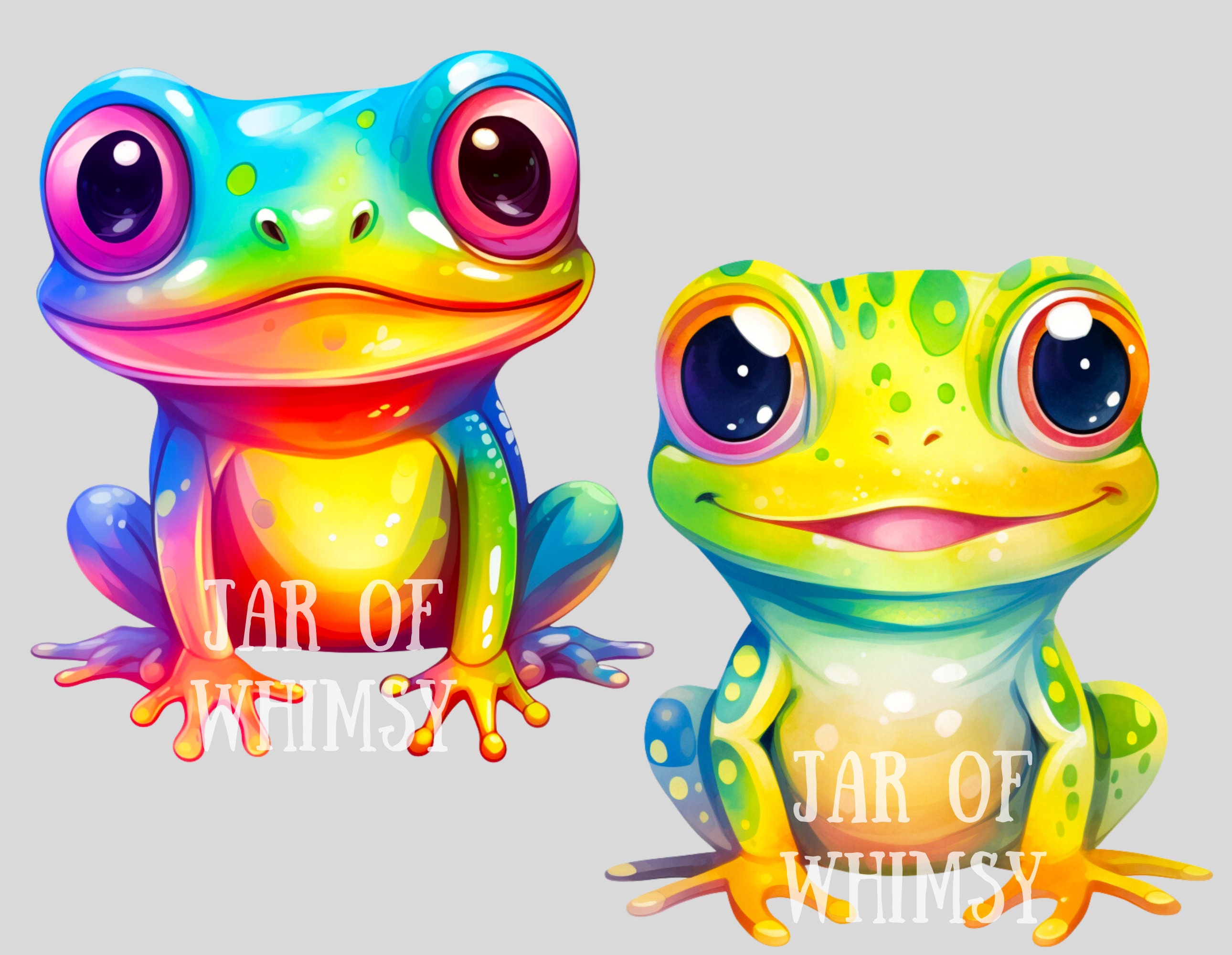 水彩画の明るい虹色のカエルのクリップアート かわいいカエルのPNG