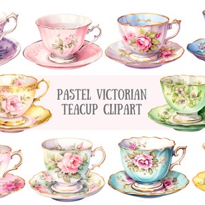 Aquarel pastel Victoriaanse theekopje clipart vintage theekransje PNG digitale afbeeldingsdownloads voor kaart maken plakboek ongewenste dagboek papier ambachtelijke