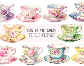Acuarela Pastel Victorian Teacup Clipart Vintage Tea Party PNG Descargas de imágenes digitales para la fabricación de tarjetas Scrapbook Junk Journal Paper Craft