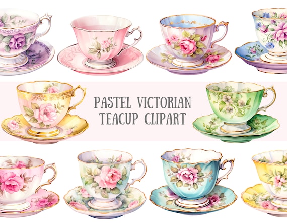 Watercolour Pastel Victorian Teacup Clipart Vintage Tea Party PNG Digital Image Downloads for Card Making Scrapbook Junk Journal Paper Craft