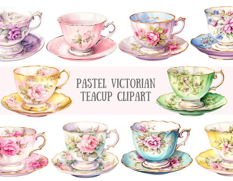 May include: A set of ten pastel Victorian teacups and saucers featuring floral designs. The teacups come in a variety of pastel colours, including pink, blue, green, and yellow. Each teacup has a unique floral design, including roses, daisies, and other flowers. These teacups are ideal for a vintage tea party or for adding a touch of elegance to your home decor.
