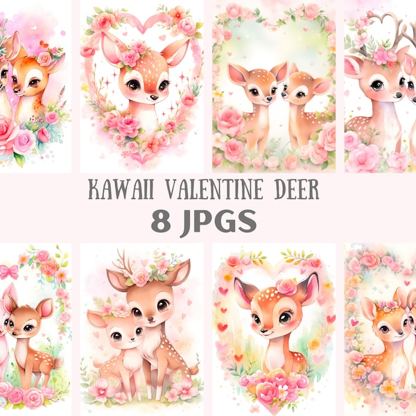 Watercolour Kawaii Valentine Deer Clipart Love Deer Couples JPG Digital Image Downloads for Card Making Scrapbook Junk Journal Paper Crafts