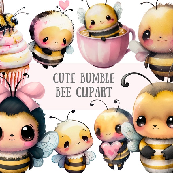 Watercolour Cute Bumble Bee Clipart Kawaii Bee PNG Digital Image Downloads for Card Making Scrapbook Junk Journal Paper Crafts