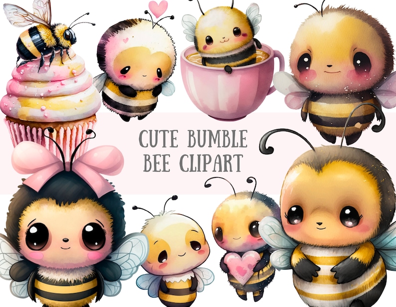 Pu&ograve; includere: Una collezione di adorabili bombi dei cartoni animati in varie pose. Alcune api sono raffigurate con cupcakes, cuori e in una tazza da t&egrave;. &Egrave; presente anche il testo "CUTE BUMBLE BEE CLIPART". Le illustrazioni presentano colori giallo, nero, rosa e bianco.