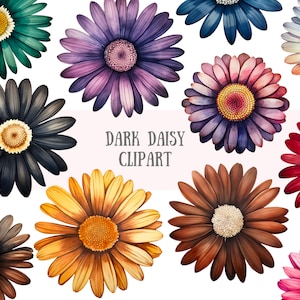 Aquarelles sombres marguerites Clipart gothique fleur éléments PNG Image numérique à télécharger pour la fabrication de cartes Scrapbook Junk Journal travaux manuels en papier