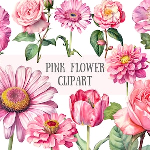 Aquarela rosa flor clipart rosa tulipa gerbera hibisco downloads de imagens digitais PNG para fazer cartões scrapbook lixo diário artesanato em papel