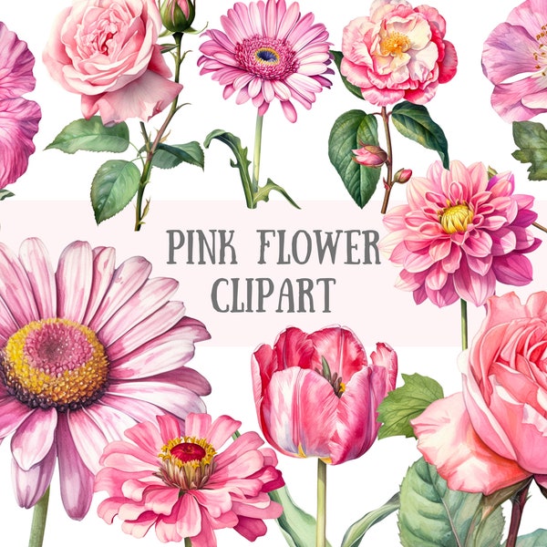 Watercolour Pink Flower Clipart Rose Tulip Gerbera Hibiscus PNG Digital Image Downloads for Card Making Scrapbook Junk Journal Paper Crafts