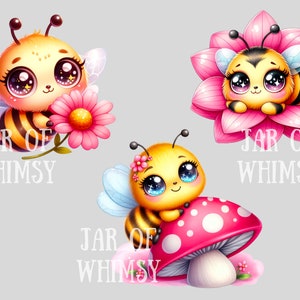 Peut inclure: Trois illustrations de abeilles de dessin anim&eacute; avec de grands yeux et une expression fantaisiste. La premi&egrave;re abeille tient une fleur rose, la deuxi&egrave;me abeille est nich&eacute;e dans une fleur rose et la troisi&egrave;me abeille est assise sur un champignon rouge et blanc &agrave; pois. Chaque image comprend le texte "Jar of Whimsy".