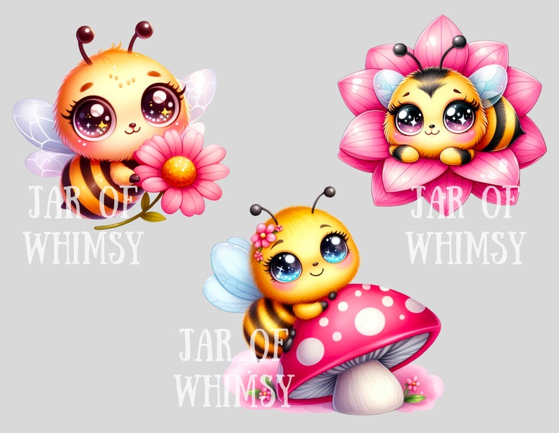 Peut inclure: Trois illustrations de abeilles de dessin anim&eacute; avec de grands yeux et une expression fantaisiste. La premi&egrave;re abeille tient une fleur rose, la deuxi&egrave;me abeille est nich&eacute;e dans une fleur rose et la troisi&egrave;me abeille est assise sur un champignon rouge et blanc &agrave; pois. Chaque image comprend le texte "Jar of Whimsy".