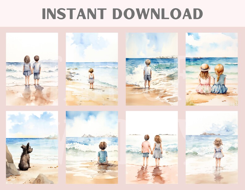 Watercolour Beach Days Clipart Seaside Seashore Digital Paper JPG Digital Image Downloads for Card Making Scrapbook Junk Journal Paper Craft image 2