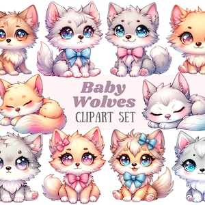 Aquarell Baby Wolf Clipart Kawaii niedlich Pastell Wölfe PNG digitale Bild-Downloads für die Kartenherstellung Scrapbook Junk Journal Papierhandwerk