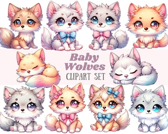 Imágenes prediseñadas de lobo bebé de acuarela, lobos pastel lindos kawaii, imágenes PNG, descargas digitales para hacer tarjetas, álbumes de recortes, diarios basura, manualidades con papel
