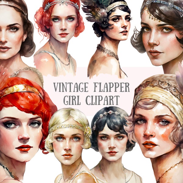 Watercolour Vintage Flapper Girl Clipart 1920s PNG Digital Image Downloads for Card Making Scrapbook Junk Journal Paper Crafts