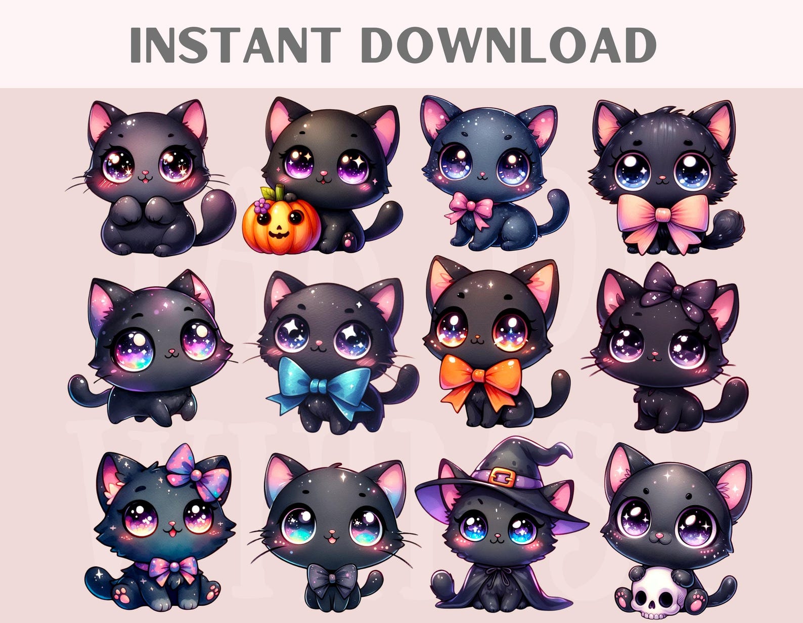 Watercolour Kawaii Black Cat Clipart Chibi Halloween Cat PNG Digital ...