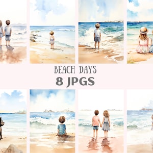 Watercolour Beach Days Clipart Seaside Seashore Digital Paper JPG Digital Image Downloads for Card Making Scrapbook Junk Journal Paper Craft image 1