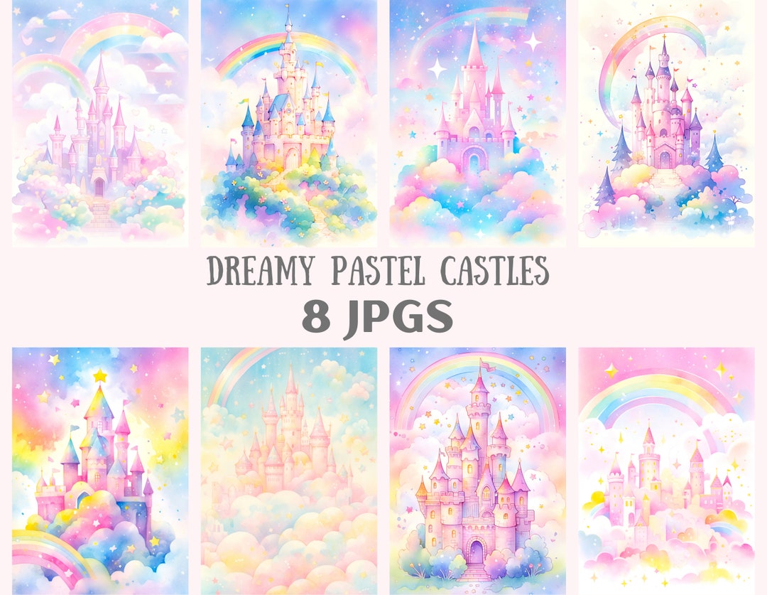 Watercolour Dreamy Pastel Castle Clipart Rainbow Digital Paper JPG ...