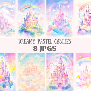 Aquarelle château pastel rêveur des cliparts arc-en-ciel papier numérique JPG téléchargement d'image numérique pour la fabrication de cartes scrapbooking journal indésirable papier artisanat