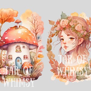 K&ouml;nnte beinhalten: Aquarellillustrationen mit einem skurrilen Pilzhaus und einem Portr&auml;t eines M&auml;dchens mit einem Blumenkranz. Das Pilzhaus hat eine rot-wei&szlig; gepunktete Kappe, eine blaue T&uuml;r und ist von farbenfrohem Laub umgeben. Der Text "JAR OF WHIMSY" befindet sich unten.