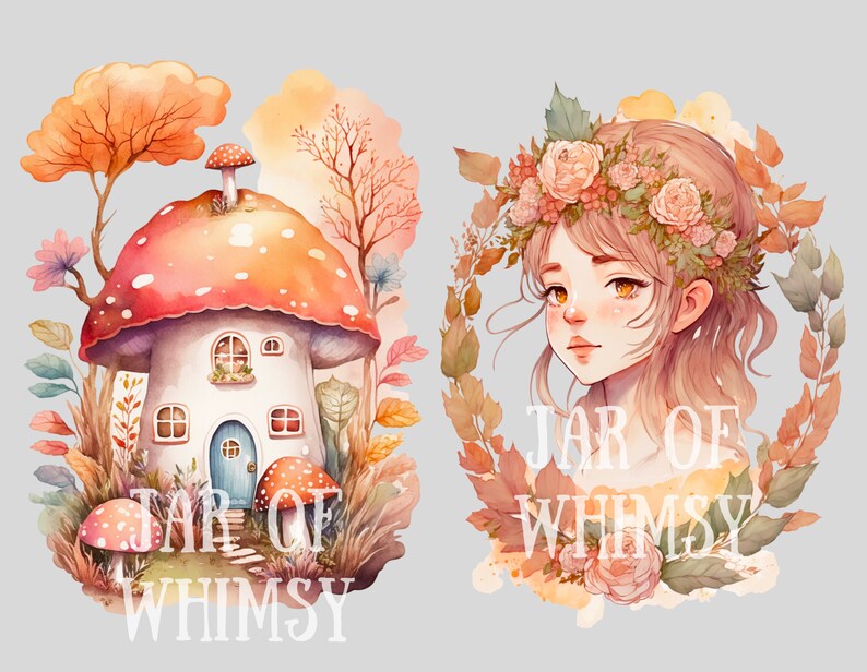 K&ouml;nnte beinhalten: Aquarellillustrationen mit einem skurrilen Pilzhaus und einem Portr&auml;t eines M&auml;dchens mit einem Blumenkranz. Das Pilzhaus hat eine rot-wei&szlig; gepunktete Kappe, eine blaue T&uuml;r und ist von farbenfrohem Laub umgeben. Der Text "JAR OF WHIMSY" befindet sich unten.