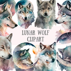 Watercolour Lunar Wolf Clipart - Mystical Fantasy PNG Digital Image Downloads for Card Making, Scrapbook, Junk Journal, Paper Crafts
