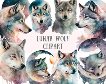 Watercolour Lunar Wolf Clipart - Mystical Fantasy PNG Digital Image Downloads for Card Making, Scrapbook, Junk Journal, Paper Crafts