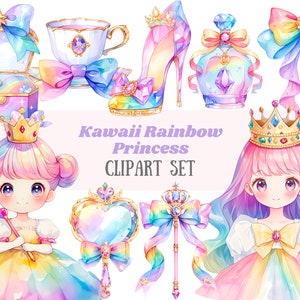Acquerello Principessa Clipart Kawaii Arcobaleno Principessa PNG Download di immagini digitali per la realizzazione di cartoline Scrapbook Junk Journal Paper Craft
