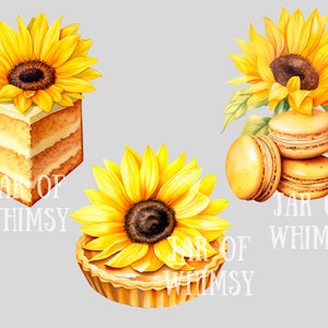 Puede incluir: Tres ilustraciones de acuarela de postres con tem&aacute;tica de girasol. Un pastel amarillo con un girasol en la parte superior, una tarta amarilla con un girasol en la parte superior y una pila de macarons amarillos con un girasol detr&aacute;s. Cada imagen tiene el texto "Jar of Whimsy" debajo.