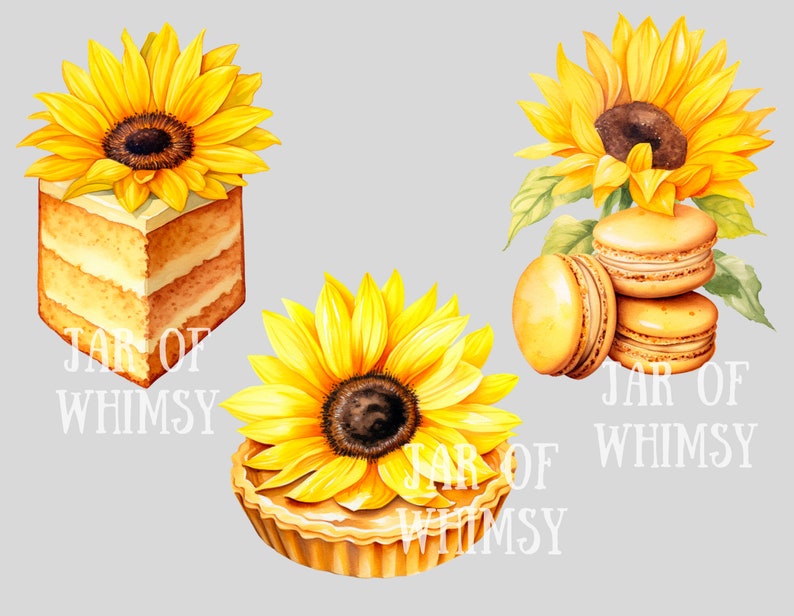 Puede incluir: Tres ilustraciones de acuarela de postres con tem&aacute;tica de girasol. Un pastel amarillo con un girasol en la parte superior, una tarta amarilla con un girasol en la parte superior y una pila de macarons amarillos con un girasol detr&aacute;s. Cada imagen tiene el texto "Jar of Whimsy" debajo.