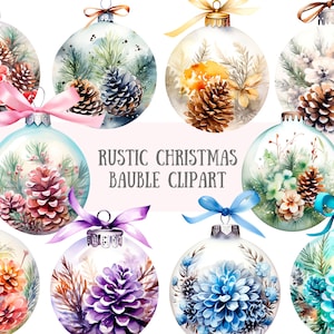 Acquerello rustico pallina di Natale Clipart Natale pigne PNG Download di immagini digitali per la creazione di cartoline Scrapbook Junk Journal Paper Craft