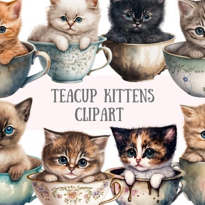 Acquerello Vintage Teacup Kittens Clipart - Kawaii Cat PNG Download di immagini digitali per la creazione di cartoline, Scrapbook, Junk Journal, Paper Crafts
