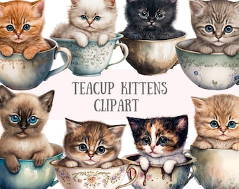 Watercolour Vintage Teacup Kittens Clipart - Kawaii Cat PNG Digital Image Downloads for Card Making, Scrapbook, Junk Journal, Paper Crafts