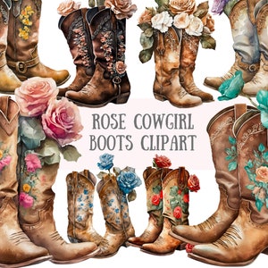 Aquarell Rose Cowgirl Stiefel Clipart Wild Western PNG digitale Bild-Downloads für die Kartenherstellung Scrapbook Junk Journal Papierhandwerk