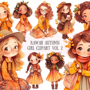 Aquarell Kawaii Herbst Mädchen Clipart niedlichen Chibi Fall Girl PNG digitale Bild-Downloads für die Kartenherstellung Scrapbook Junk Journal Papierhandwerk